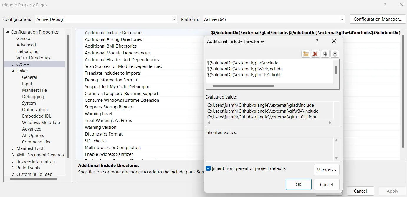 Captura de pantalla de la configuración de las propiedades del proyecto